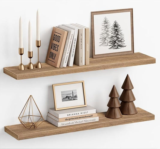 Harwaya Light Wood Floating Shelves for Wall 36 Inch x 8 Deep, Extra Large Wall Shelf for Bedroom Living Room Books, Long Hanging Shelves for Office Bookshelf Art Decor (Light Brown Color, Set of 2)