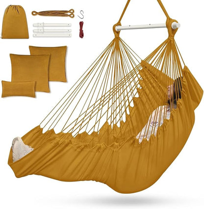 Outerman Hammock Chair, Hanging Chair with 3 Cushions and Foot Rest Support, Durable Metal Spreader Bar Max 500Lbs, Swing Chair for Bedroom, Indoor & Outdoor, Patio, Porch or Tree（Khaki）