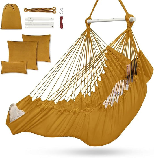 Outerman Hammock Chair, Hanging Chair with 3 Cushions and Foot Rest Support, Durable Metal Spreader Bar Max 500Lbs, Swing Chair for Bedroom, Indoor & Outdoor, Patio, Porch or Tree（Khaki）