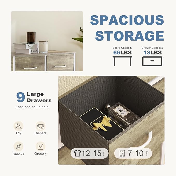 DUMOS 9 Drawer Dresser for Bedroom, Storage Organizer Chest of Drawers | Fabric Bins Storage Tower with Sturdy Metal Frame, Wood Tabletop for Closet, Gold