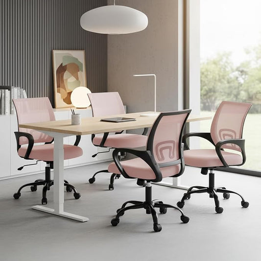 OLIXIS Office Desk Chair - Ergonomic Mid Back with Lumbar Support & Rocking Mode, Height Adjustable with Fixed Armrest, for Home, Computer, Gaming, Conference, Meeting Room, 360° Swivel, Pink, 2 Pack