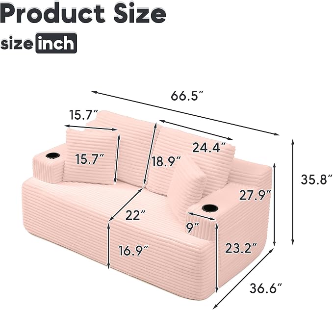 66.5'' Boneless Sofa Couch with Cup Holders & Side Pockets, Modern Corduroy Fabric Upholstered Loveseat Couch with 2 Throw Pillows for Living Room Office, No Assembly (Pink)