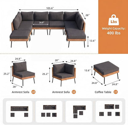Aoxun 6-Piece Patio Furniture Set, Wicker Outdoor Furniture with Water Resistant Thick Cushions, Patio Conversation Set Outdoor Sectional Sofa with Coffee Table for Backyard Poolside, Black