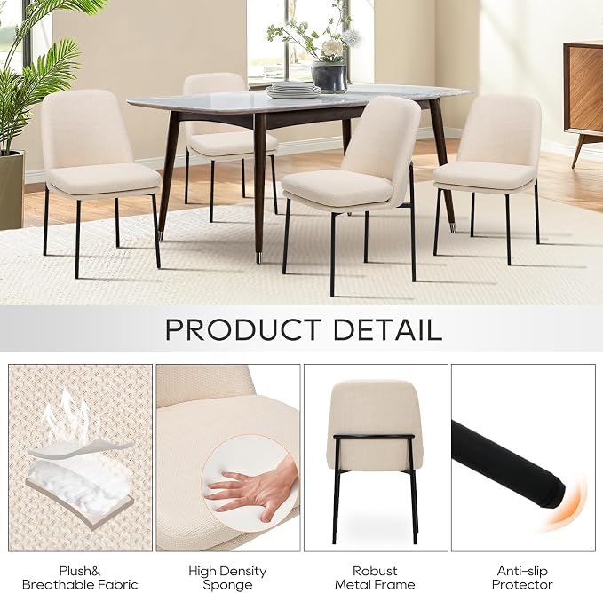 COLAMY Modern Dining Chairs Set of 2, Upholstered Dining Room Chairs Dinner Chair Kitchen Chairs with Curved Back and Metal Legs, Beige