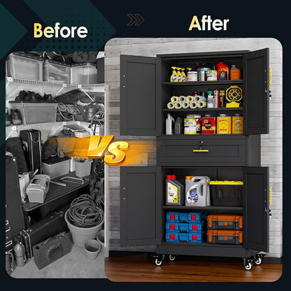 PAOFIN Metal Tall Storage Cabinet with Drawer, Garage Storage Cabinet with Locking Doors and 3 Adjustable Shelves, 71" H Steel Cabinets for Garage, Home, Office, Black, Assembly Required