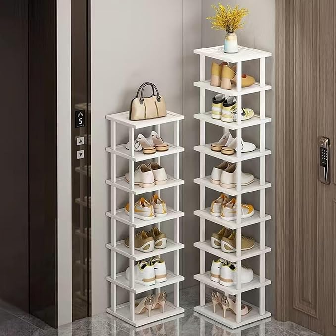 SAN HE Bamboo Shoe Rack 5Tier- Vertical White Shoe Rack for Small Spaces, Tall Narrow Shoe Rack Organizer for Closet Entryway Corner Garage and Bedroom,Skinny Shoe Shelf with Free Stackable DIY