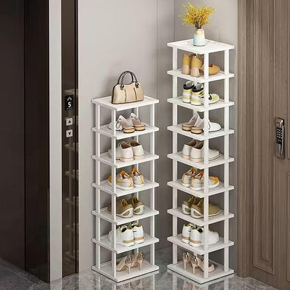 Bamboo Shoe Rack 12 Tier- Vertical Shoe Rack for Small Spaces, Tall Narrow Shoe Rack Organizer for Closet Entryway Corner Garage and Bedroom,Skinny Shoe Shelf with Free Stackable DIY White Storage
