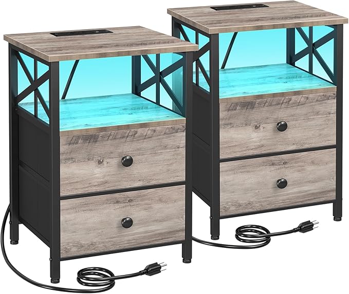 AMHANCIBLE Nightstands Set of 2 with Charging Station, LED Night Stand with 2 Storage Drawers, End Tables with USB Ports and Outlets, Modern Bedside Tables for Bedroom, Grey, HET052LGY