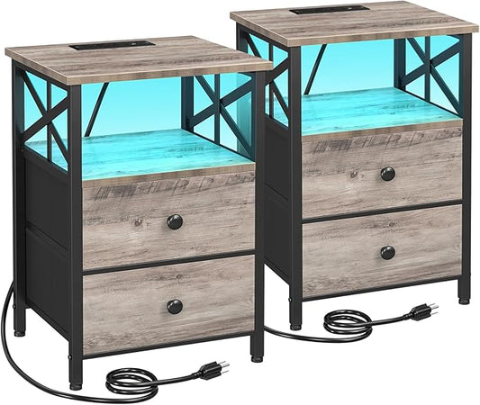 AMHANCIBLE Nightstands Set of 2 with Charging Station, LED Night Stand with 2 Storage Drawers, End Tables with USB Ports and Outlets, Modern Bedside Tables for Bedroom, Grey, HET052LGY
