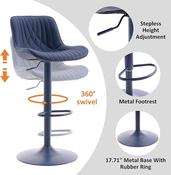 YOUTASTE Bar Stools Set of 2, Adjustable Swivel Counter Height Barstools with Back, All Navy Blue Faux Leather Upholstered Bar Chairs with Metal Base, Stools for Kitchen Island or Home Bar
