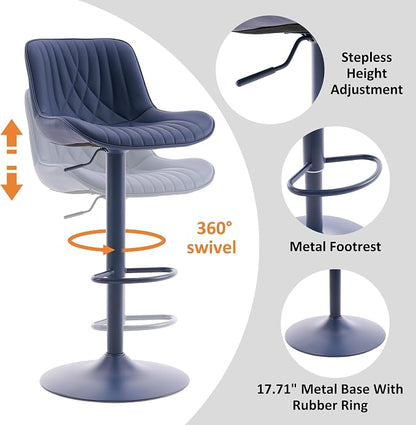 YOUTASTE Bar Stools Set of 2, Adjustable Swivel Counter Height Barstools with Back, All Navy Blue Faux Leather Upholstered Bar Chairs with Metal Base, Stools for Kitchen Island or Home Bar