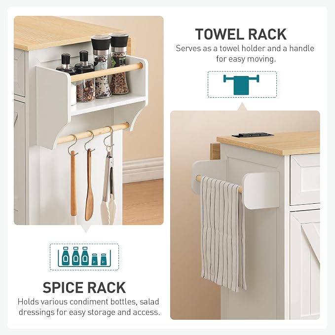 RALGEND Kitchen Island with Drop Leaf & Power Outlet, Rolling Kitchen Island Cart On Wheels, Barn Door Kitchen Island Table with Storage and Tower Rack, Island Table for Kitchen, White and Natural