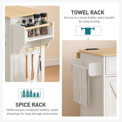 RALGEND Kitchen Island with Drop Leaf & Power Outlet, Rolling Kitchen Island Cart On Wheels, Barn Door Kitchen Island Table with Storage and Tower Rack, Island Table for Kitchen, White and Natural