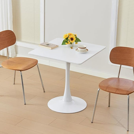 Square Dining Table, 27.6" Tulip Table with Thickened Tabletop & Metal Pedestal, Mid Century Modern Bistro Table for Kitchen, Small Places, Living Room, Cafe (White)
