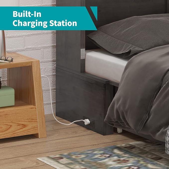 BALUS Queen Size Murphy Bed Cabinet with Tri-Fold Memory Foam Mattress, USB Charging Station, Cabinet Murphy Beds with Storage Drawer, Guest Wall Bed for Living Room Home Office, Grey