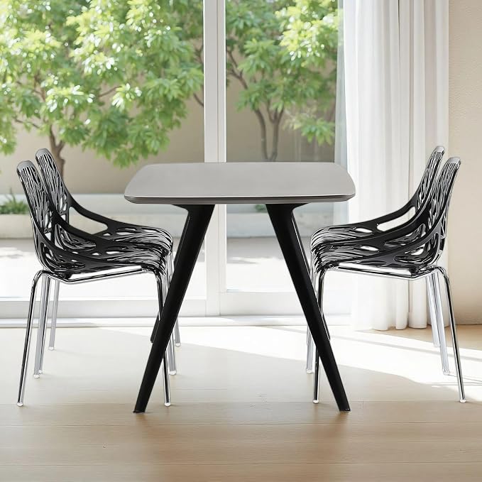 Karl home Stackable Dining Chairs Set of 4, 3-Step Assembly, 350LBS, Black | Bird's nest trunk pattern, robust metal frame, 350lbs capacity, plastic construction, for kitchen/dining/bedroom/living room