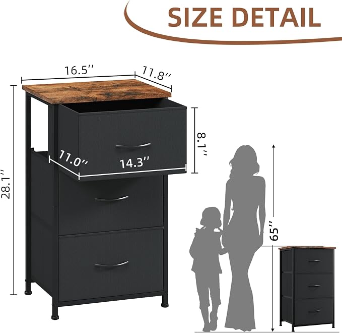 Somdot Dresser for Bedroom with 3 Drawers, Storage Organizer Chest of Drawers with Removable Fabric Bins for Closet Bedside Living Room Laundry Entryway Hallway, Black Rustic Brown