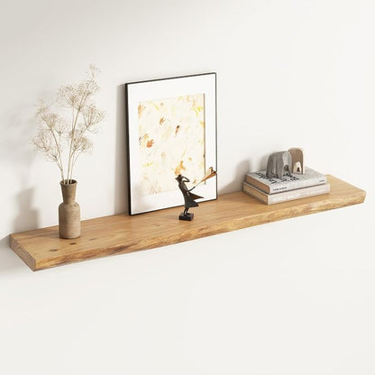 Live Edge Floating Shelves for Wall Decor, Solid Elm Wood Floating Shelves Wall Mounted, Rustic Wall Shelves with Invisible Bracket for Living Room Bathroom Bedroom Kitchen, 48 Inch, Natural