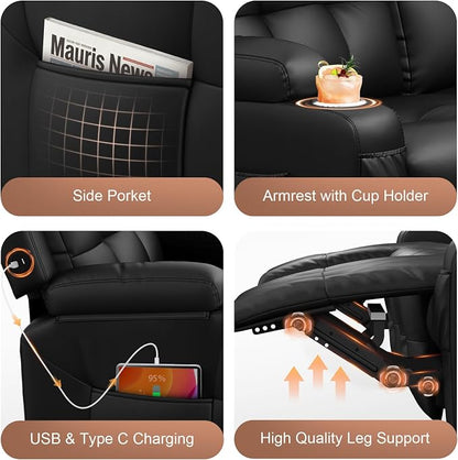 Reclining Couch, 113" PU Leather Sofa Recliner with Massage - 4 Seat Home Theater Seating Comfy Soft, Manual Wall Hugger Reclining with Lumbar Support Sofa Set for Family Living Room, Black