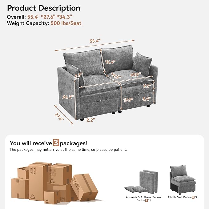 55" Cloud Modular Loveseat Sofa with Storage, Modern Upholstered Sofa Couch Small Love Seat, 2 Seater Chenille Comfy Sectional Sofa with Armrests for Living Room, Small Space, Light Grey