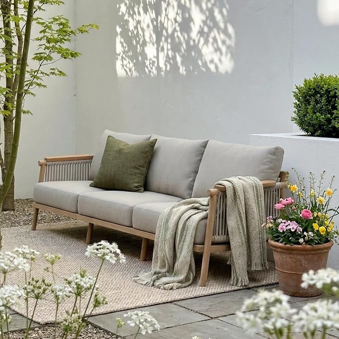 Acanva Modern All-Weather Aluminum Outdoor Patio Sofa with Thick Cushions, Olefin Fabric Sunroom Backyard Furniture, Couch Light Khaki