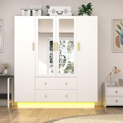 jiteentarou 4 Door Wardrobe Closet with Mirrors and LED Lights, Bedroom Armoire with Drawers and Shelves, Modern Wooden Armoire Wardrobe Closet with Hanging Rod for Bedroom, White