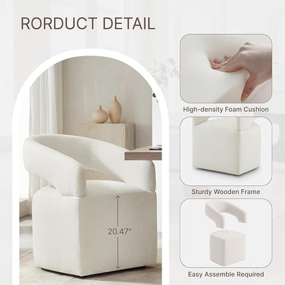 KISLOT Upholstered Dining Chairs Set of 1, Modern Arm Kitchen & Dining Room Chairs with Hidden Casters, Linen Fabric Padded Rolling Chairs, Sturdy Wood Frame, 300 lbs Capacity, Ivory White