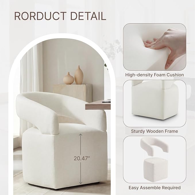 KISLOT Upholstered Dining Chairs Set of 4, Modern Arm Kitchen & Dining Room Chairs with Hidden Casters, Linen Fabric Padded Rolling Chairs, Sturdy Wood Frame, 300 lbs Capacity, Ivory White