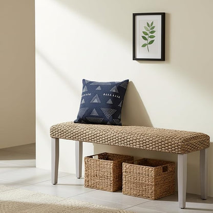 Solid Wood Acacia Indoor Bench with Natural Woven Water Hyacinth Seat, Wood Bench for Living Room or Entryway, Vintage Bench, Fishbone Style, Plait Style with Grey Leg