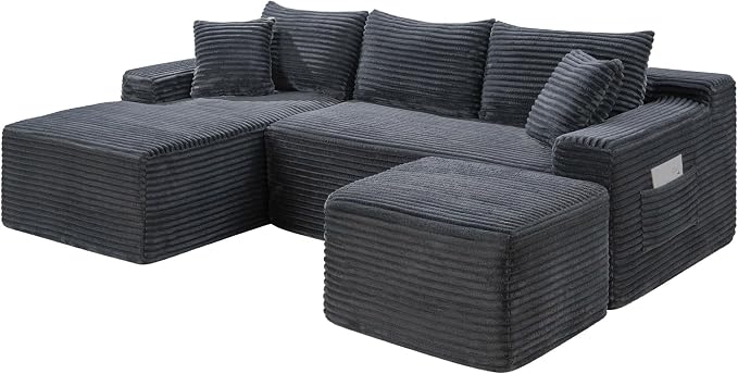 95-Inch U-Shaped Left Facing Corner Compressed Sofa Modular Sectional Boneless Cloud Sofa Floor Foam Couch W/Chaise Lounge & Ottoman, Corduroy Corner Boneless Cloud Couch