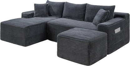 95-Inch U-Shaped Left Facing Corner Compressed Sofa Modular Sectional Boneless Cloud Sofa Floor Foam Couch W/Chaise Lounge & Ottoman, Corduroy Corner Boneless Cloud Couch