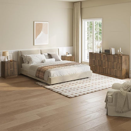9 Drawer Dresser & Nightstand Set 3-Piece, 63” Wide Walnut Bedroom Dresser and Night Stand Set of 2, Fluted Modern Wood Chest of Drawers Storage Dressers Set for Bedroom, Walnut