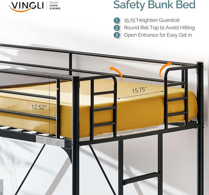 VINGLI 71 Inches Tall Loft Bed Twin Size with Flat Ladder Rung for Kids Teens Adults Heavy Duty Metal Single Bunk Bed Loft with Safety Guard Rails for Small Space, Black