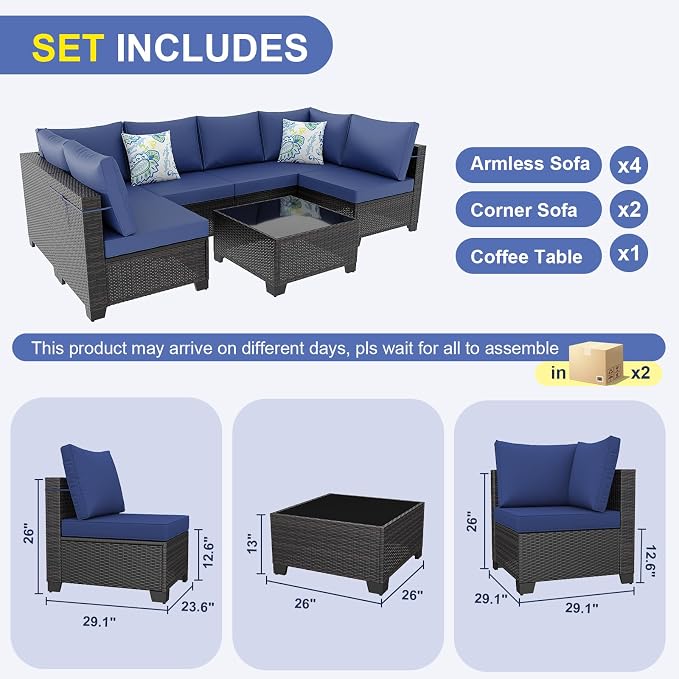 7 Pieces Patio Furniture Set, Outdoor Sectional Rattan Sofa Set, Wicker Patio Conversation Set with Cushions and Glass Coffee Table, for Balcony, Porch, Garden, (Brown/Blue)