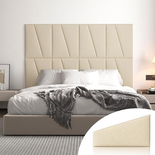 Peel and Stick Headboard for King Bed Linen Fabric Upholstered Wall Mounted Headboard - Wall Padding Panel in Beige for Bedroom/Living Room/Dorm (8 Panels)