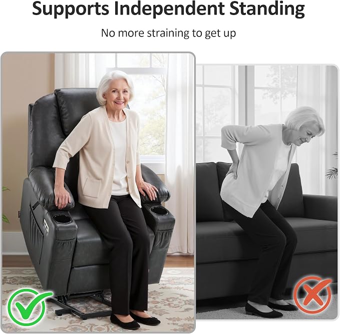 MCombo Power Lift Recliner Chair for Elderly, Lift Chair with Heat and Massage, FSC Certified, USB Ports, Cup Holders, Faux Leather 7141 (Grey, Small)