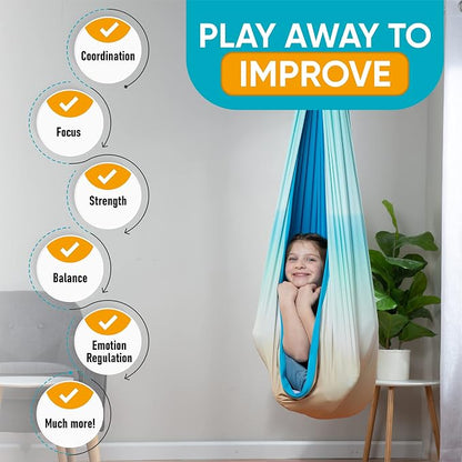 Indoor Sensory Swing for Kids or Outdoor – Holds 300lbs, Double-Layer, & 360° Swivel, Calming Compression Therapy Swing Hammock for Kids & Adults with All Hardware – Sensory-Motor Toys & Gifts