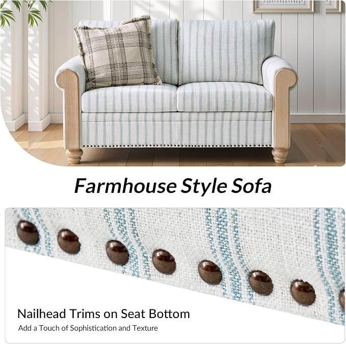 Farmhouse Loveseat with Rolled Arms,Stripe Modern Sofa with Brushed Wood Gourd Feet & Copper Nailhead Trim, Linen Fabric Upholstered Couches for Living Room, Blue