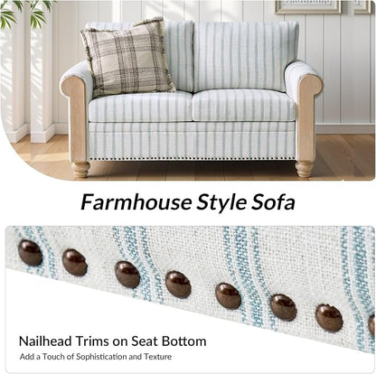 Farmhouse Loveseat with Rolled Arms,Stripe Modern Sofa with Brushed Wood Gourd Feet & Copper Nailhead Trim, Linen Fabric Upholstered Couches for Living Room, Blue