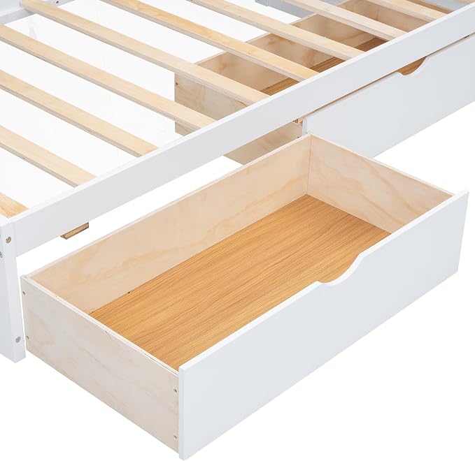 Bellemave Twin Corner Bed Frame with USB Ports, Wood Twin Size Daybed with L-Shaped Bookcase and 2 Drawers，Daybed with Storage Cabinets, White