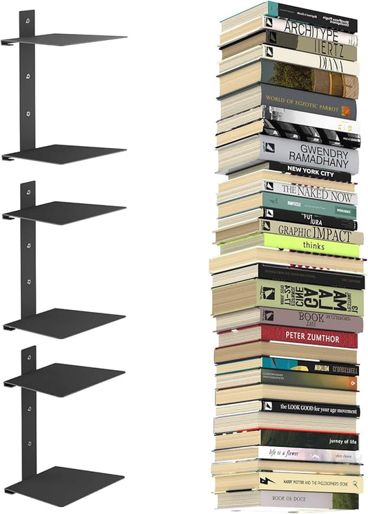 Mefirt Invisible Floating Bookshelves for Wall, 6 Tier Vertical Spine Book Tower, Heavy Duty Floating Book Shelves Metal Book Organizers for Home Office, 3 Pack(Black)