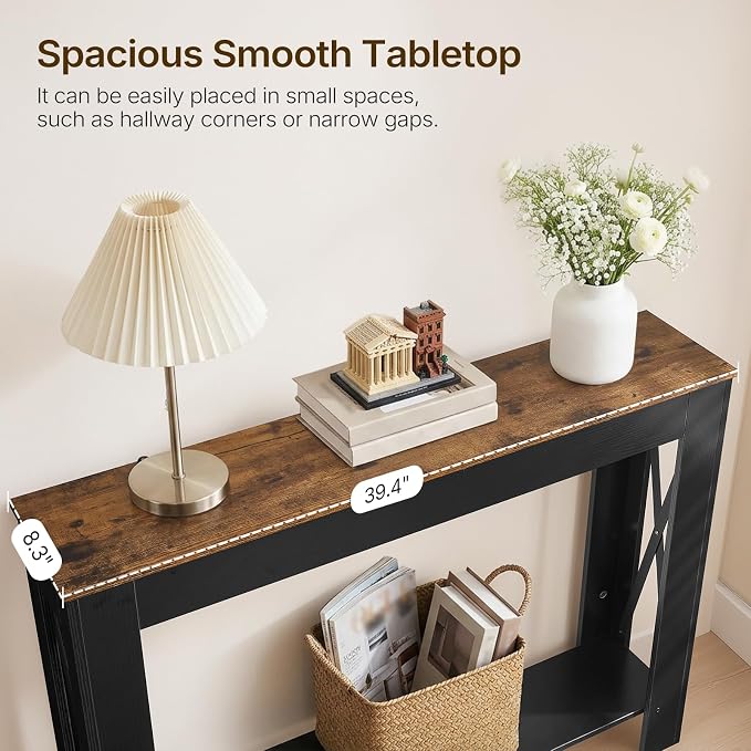YATINEY Farmhouse Console Table, 39.4'' Small Narrow Entryway Table, Wood Couch Table Behind Sofa with Storage Shelf, Slim Farmhouse Hallway Table for Hallway, Foyer, Black and Rustic Brown CT34BR