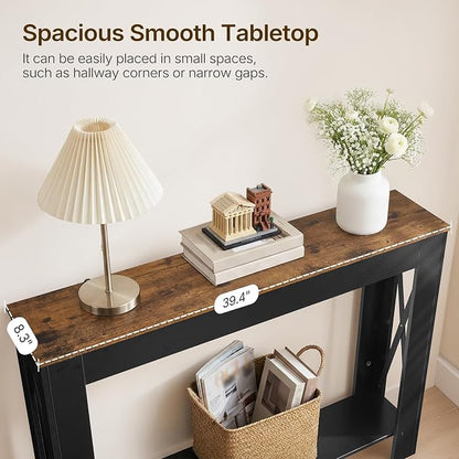 YATINEY Farmhouse Console Table, 39.4'' Small Narrow Entryway Table, Wood Couch Table Behind Sofa with Storage Shelf, Slim Farmhouse Hallway Table for Hallway, Foyer, Black and Rustic Brown CT34BR