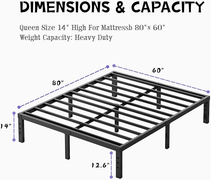 Furnitui 14 Inch High Metal Queen Bed Frame, Platform Bed Frame Queen Size No Box Spring Needed, Easy Assembly, Noise Free, Sturdy, Black