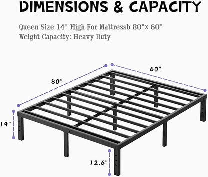 Furnitui 14 Inch High Metal Queen Bed Frame, Platform Bed Frame Queen Size No Box Spring Needed, Easy Assembly, Noise Free, Sturdy, Black