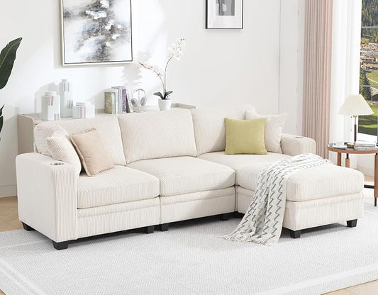 97" Modular Sectional Sofa with Storage, Corduroy 4-Seater L-Shaped Sofa with Ottoman Chaise, Cloud Sectional Couches for Living Room, Apartment