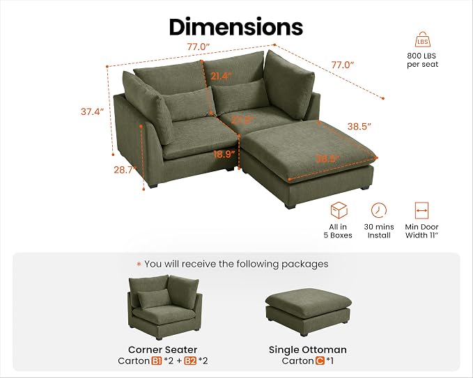 77" Oversized Chenille Couch Modular Sectional Sofa, Washable Cloud Couch Sectional with Ottoman, 3 Seater Sectional Couches for Living Room, Fully Cover Removable, L Shaped, Chenille, Green