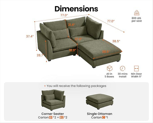 77" Oversized Chenille Couch Modular Sectional Sofa, Washable Cloud Couch Sectional with Ottoman, 3 Seater Sectional Couches for Living Room, Fully Cover Removable, L Shaped, Chenille, Green