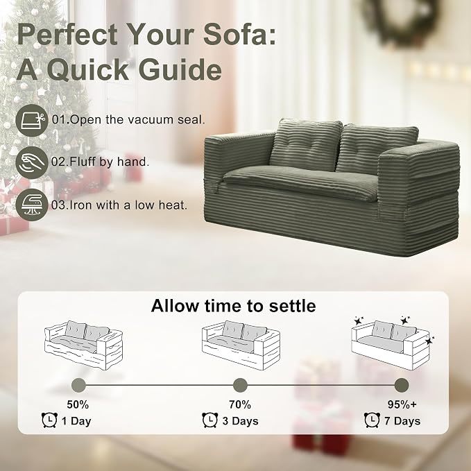 80'' Futon Sofa Bed, King Size Foldable Sleeper Sofa, Corduroy Boneless Loveseat Couch with Chaise Lounge, 3 Pillows, Blanket, Upholstered Sectional Couches for Living Room,Bedroom, Pine Green