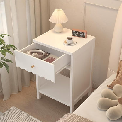 Night Stand Nightstand with Drawer and Open Shelf, Cute Scalloped Edge Bedside Table for Girls Bedroom, Modern Wood End Table, Coquette Preppy Room Decor for Bedroom, Dorm